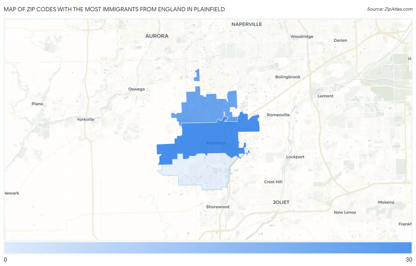 Zip Codes with the Most Immigrants from England in Plainfield Map