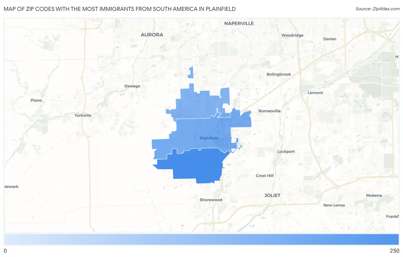 Zip Codes with the Most Immigrants from South America in Plainfield Map
