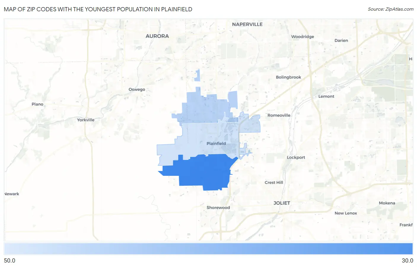 Zip Codes with the Youngest Population in Plainfield Map