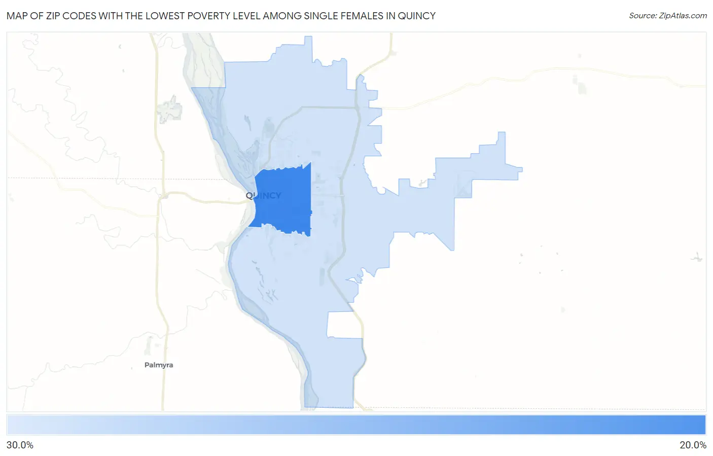 Zip Codes with the Lowest Poverty Level Among Single Females in Quincy Map