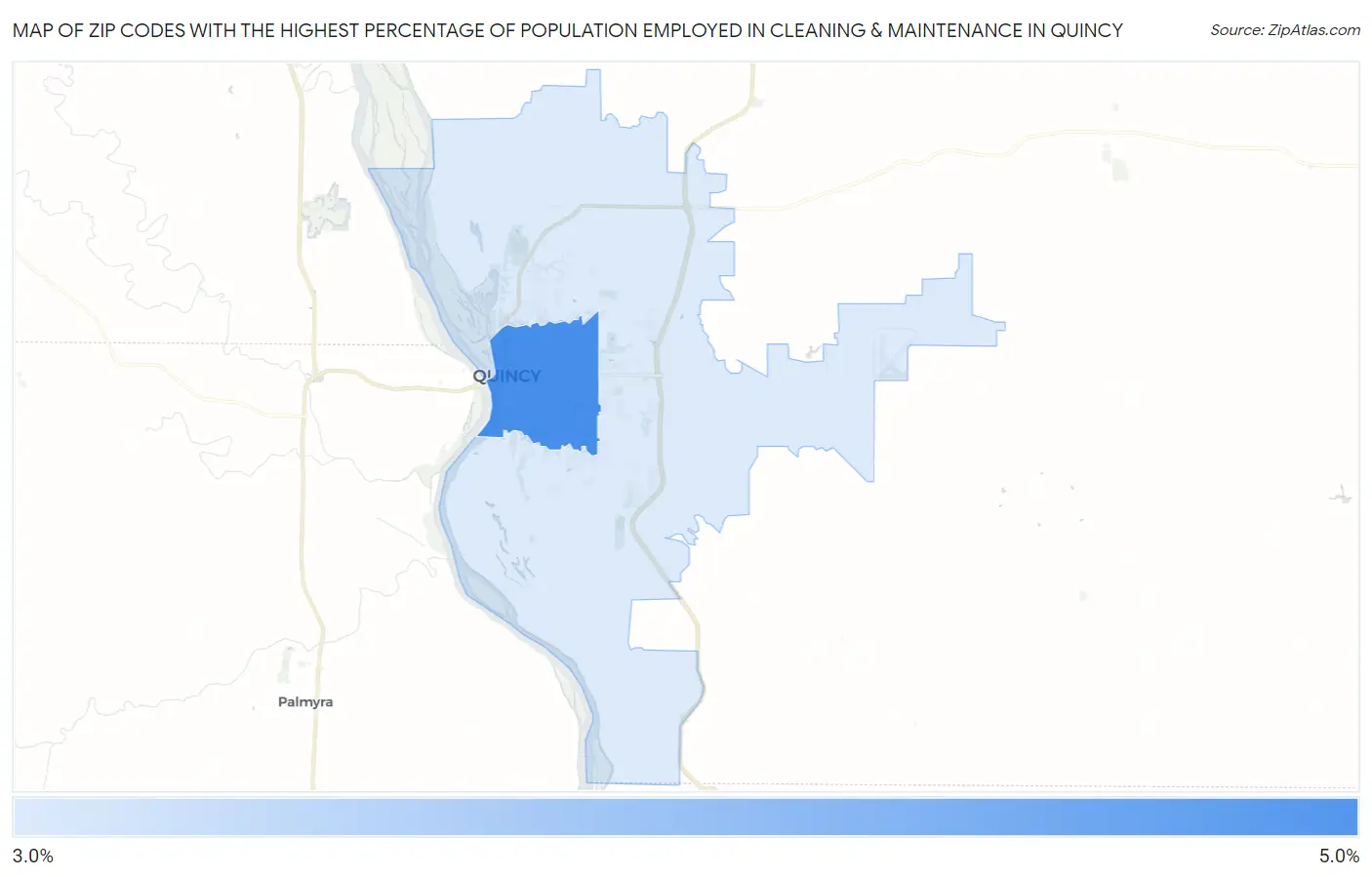 Zip Codes with the Highest Percentage of Population Employed in Cleaning & Maintenance in Quincy Map
