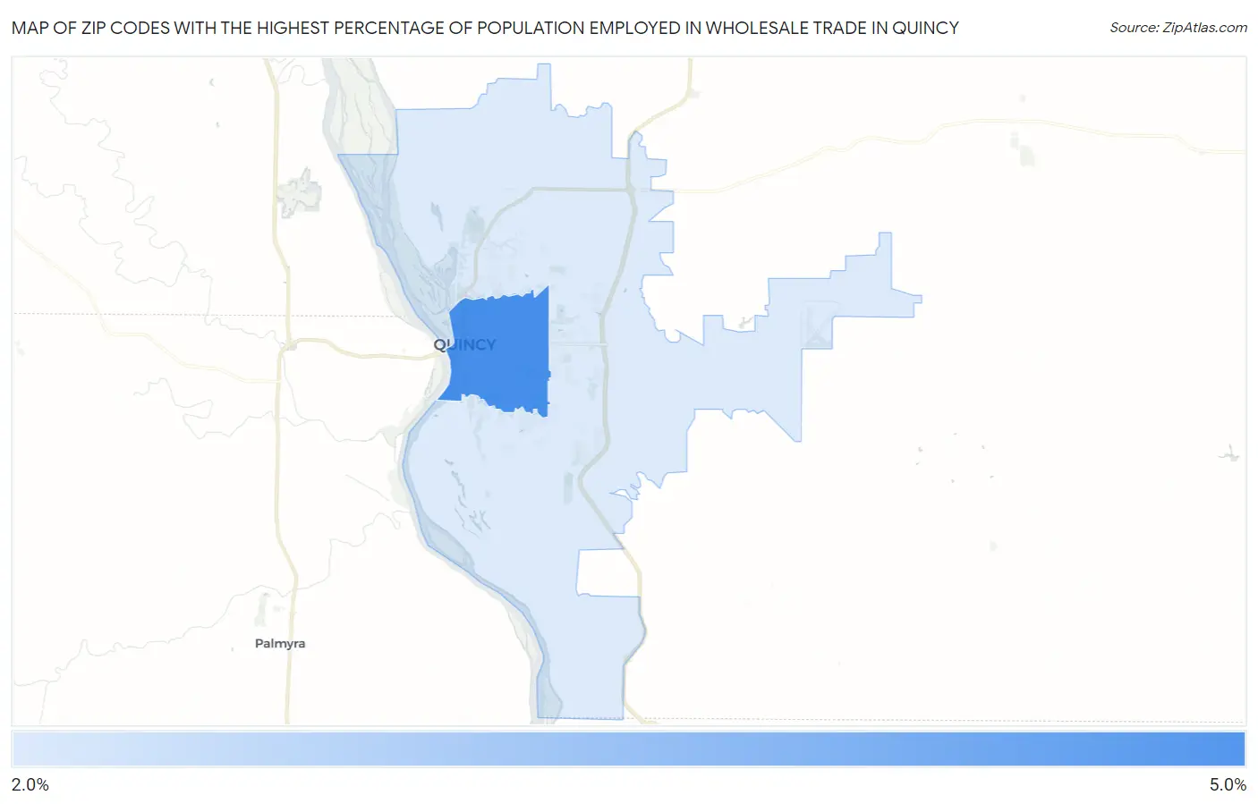 Zip Codes with the Highest Percentage of Population Employed in Wholesale Trade in Quincy Map