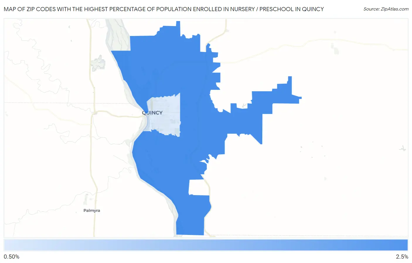 Zip Codes with the Highest Percentage of Population Enrolled in Nursery / Preschool in Quincy Map