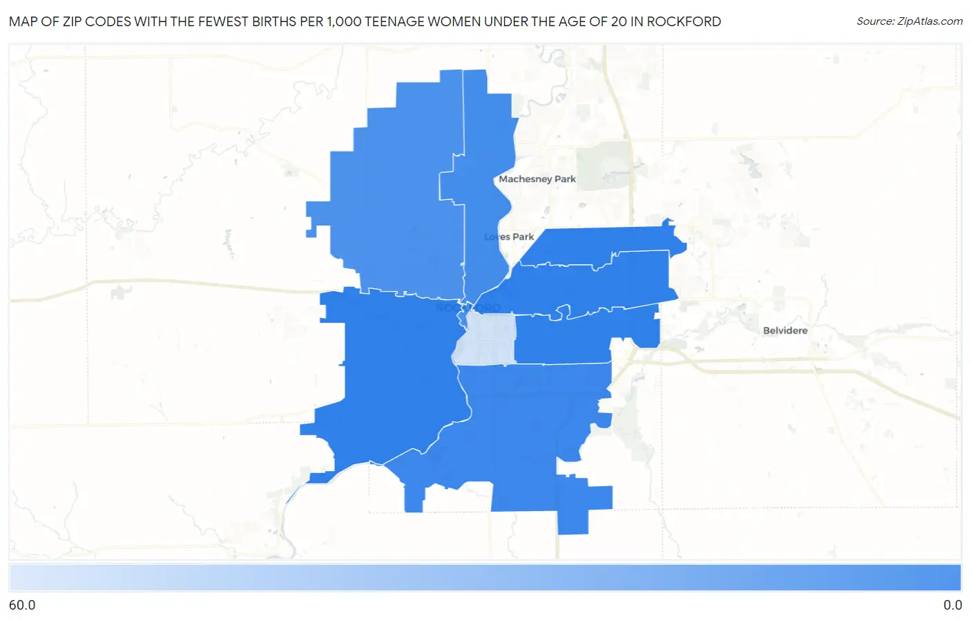 Zip Codes with the Fewest Births per 1,000 Teenage Women Under the Age of 20 in Rockford Map