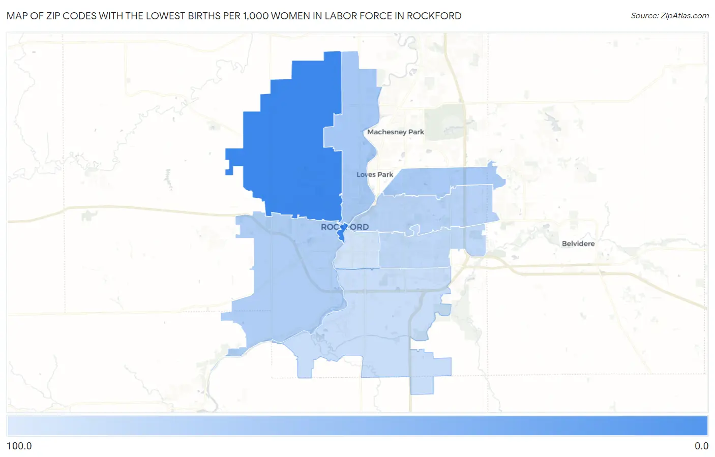 Zip Codes with the Lowest Births per 1,000 Women in Labor Force in Rockford Map