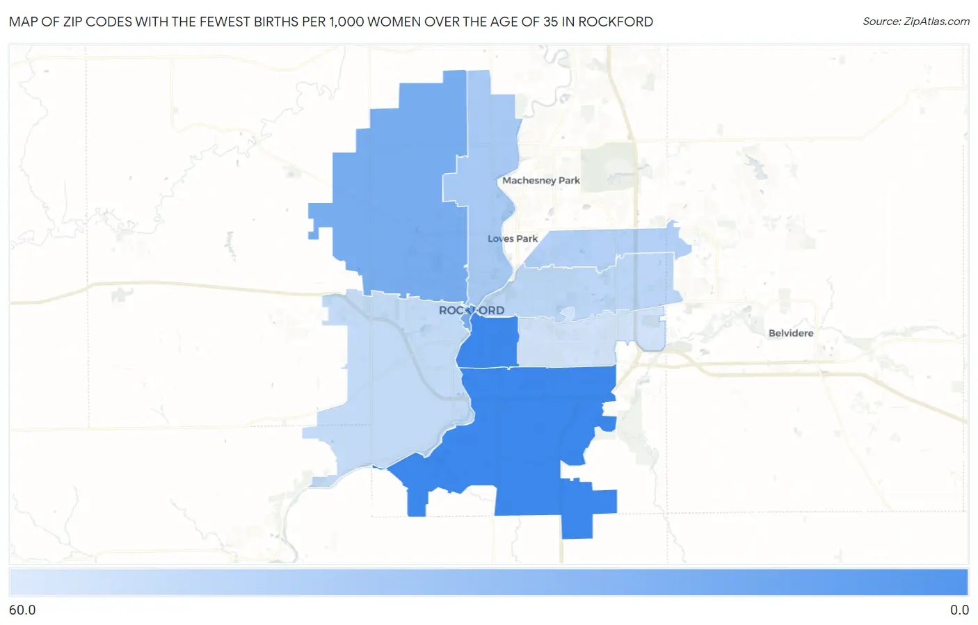 Zip Codes with the Fewest Births per 1,000 Women Over the Age of 35 in Rockford Map