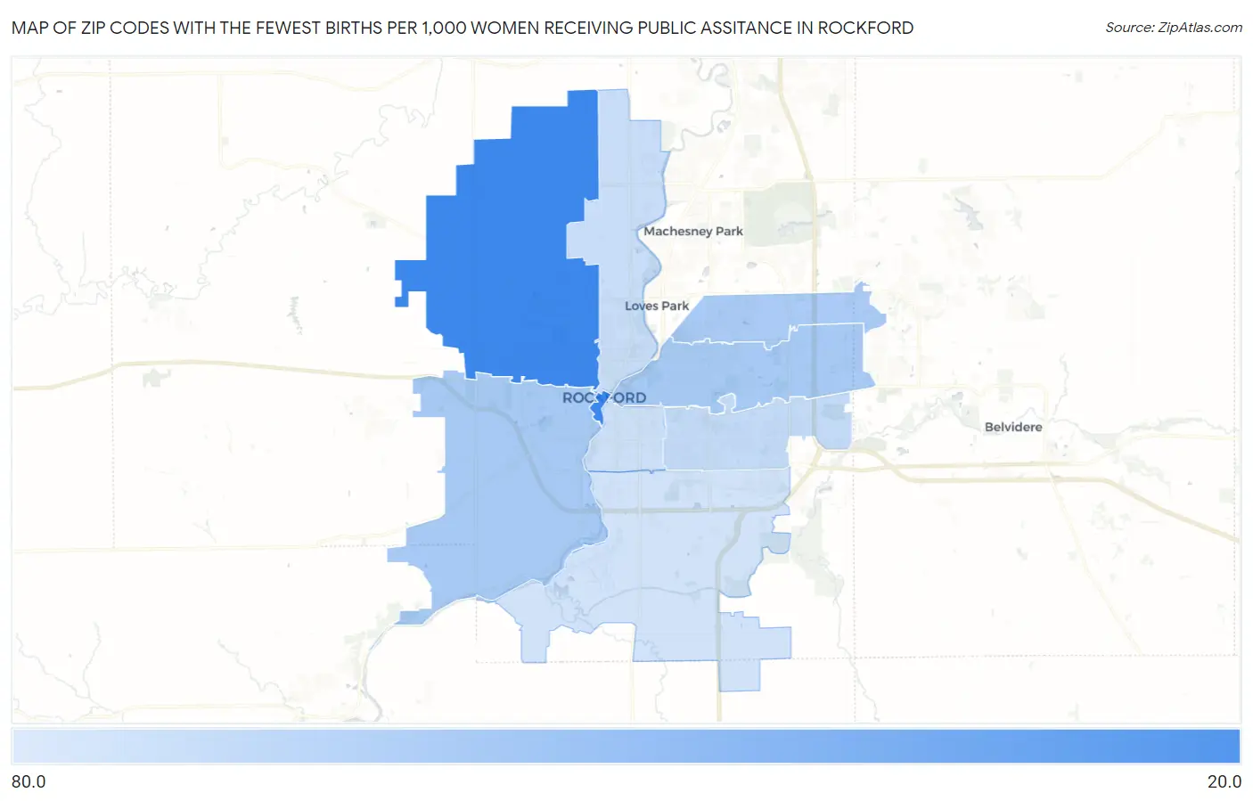 Zip Codes with the Fewest Births per 1,000 Women Receiving Public Assitance in Rockford Map