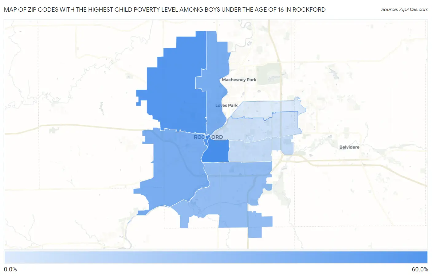 Zip Codes with the Highest Child Poverty Level Among Boys Under the Age of 16 in Rockford Map