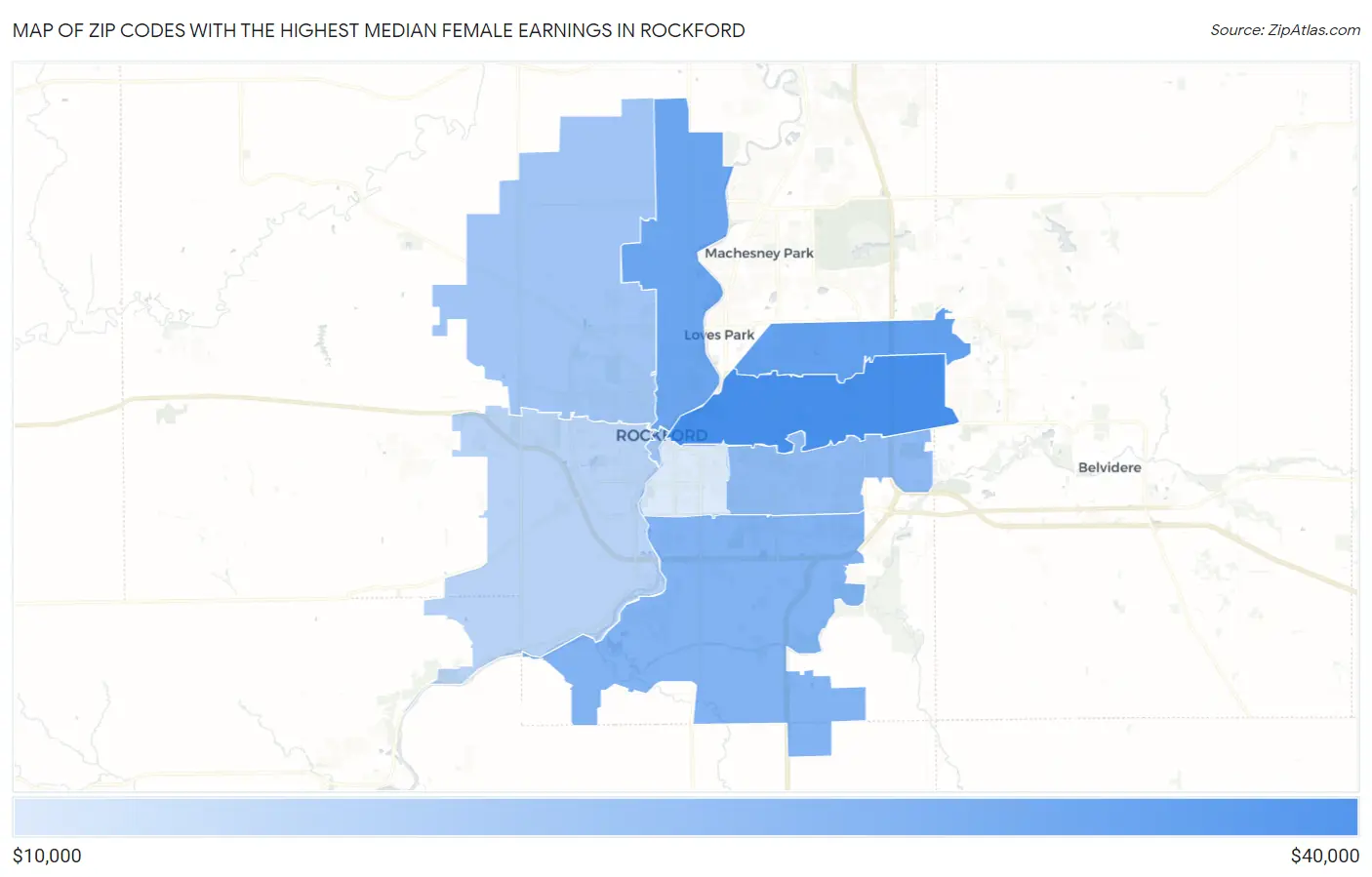 Zip Codes with the Highest Median Female Earnings in Rockford Map