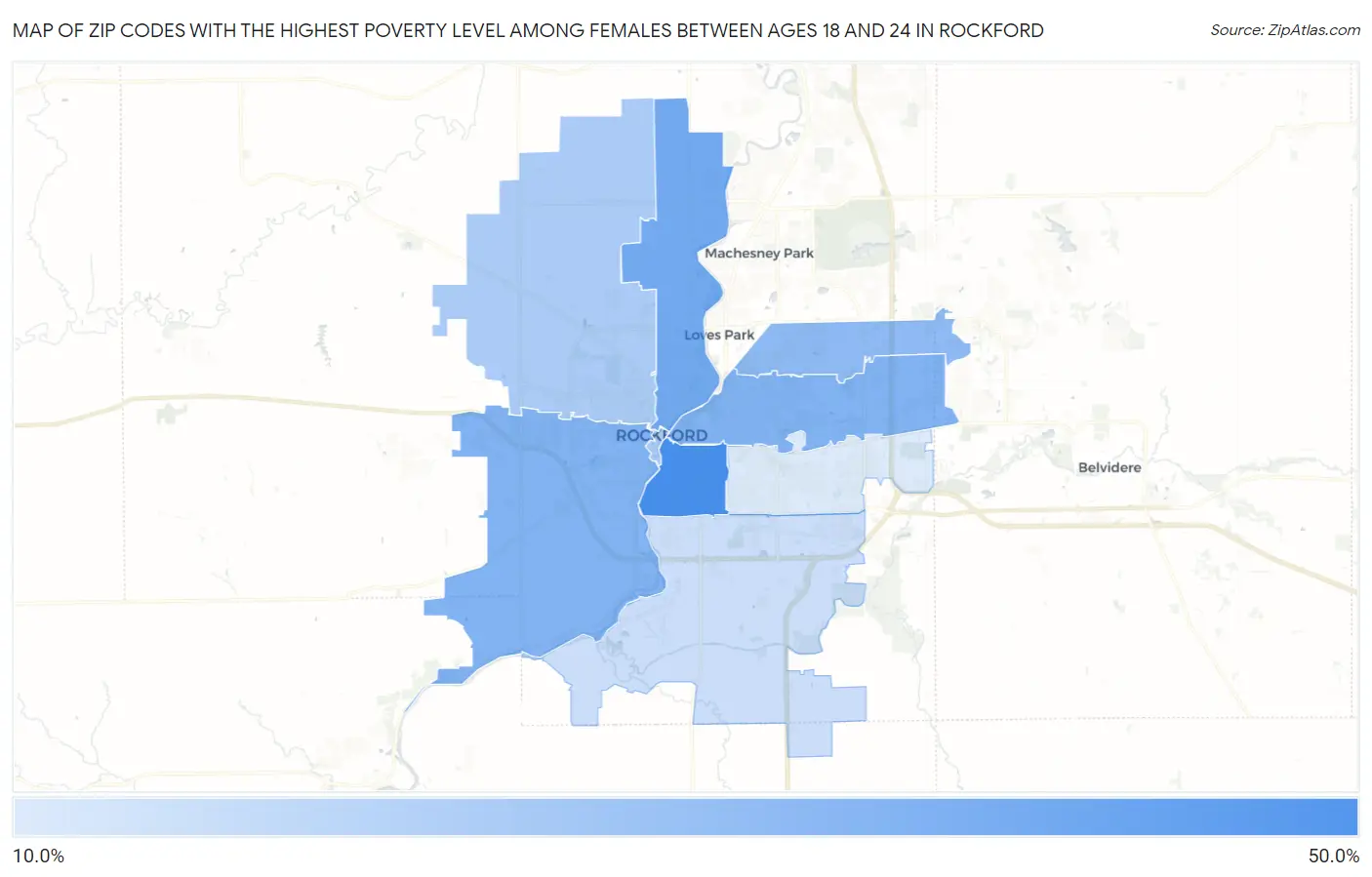 Zip Codes with the Highest Poverty Level Among Females Between Ages 18 and 24 in Rockford Map