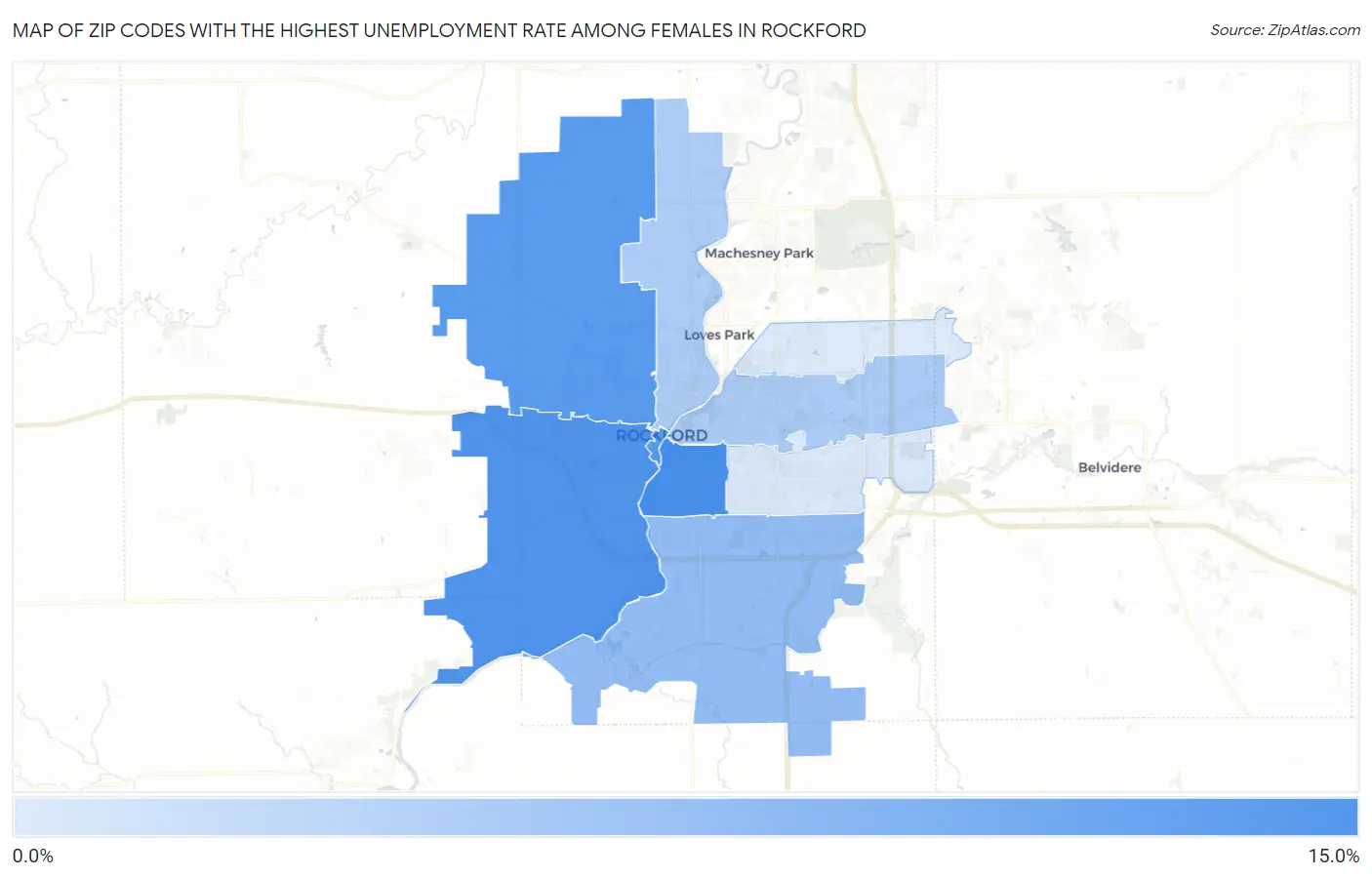Zip Codes with the Highest Unemployment Rate Among Females in Rockford Map