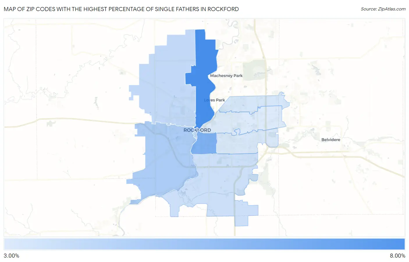 Zip Codes with the Highest Percentage of Single Fathers in Rockford Map