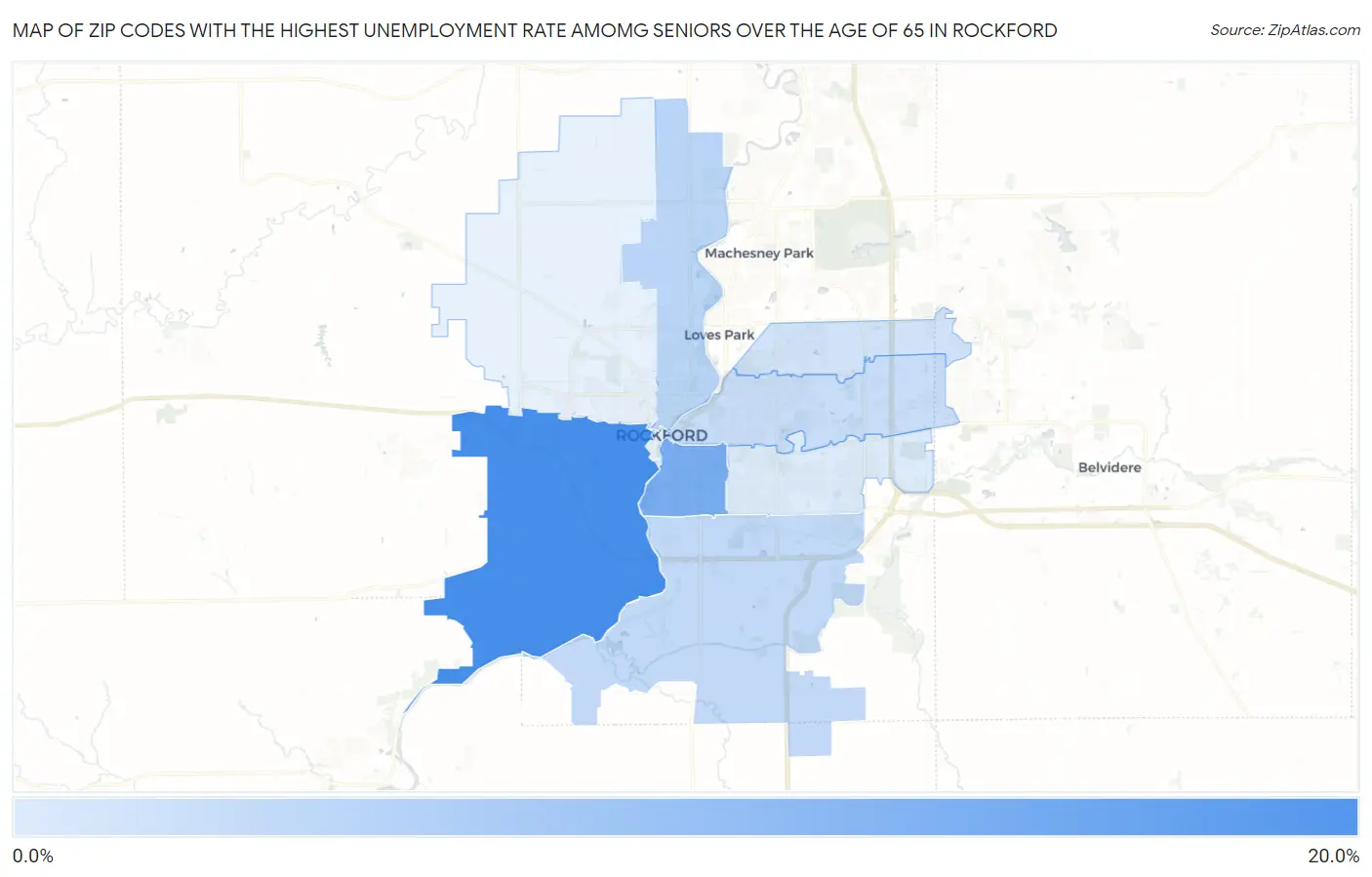 Zip Codes with the Highest Unemployment Rate Amomg Seniors Over the Age of 65 in Rockford Map