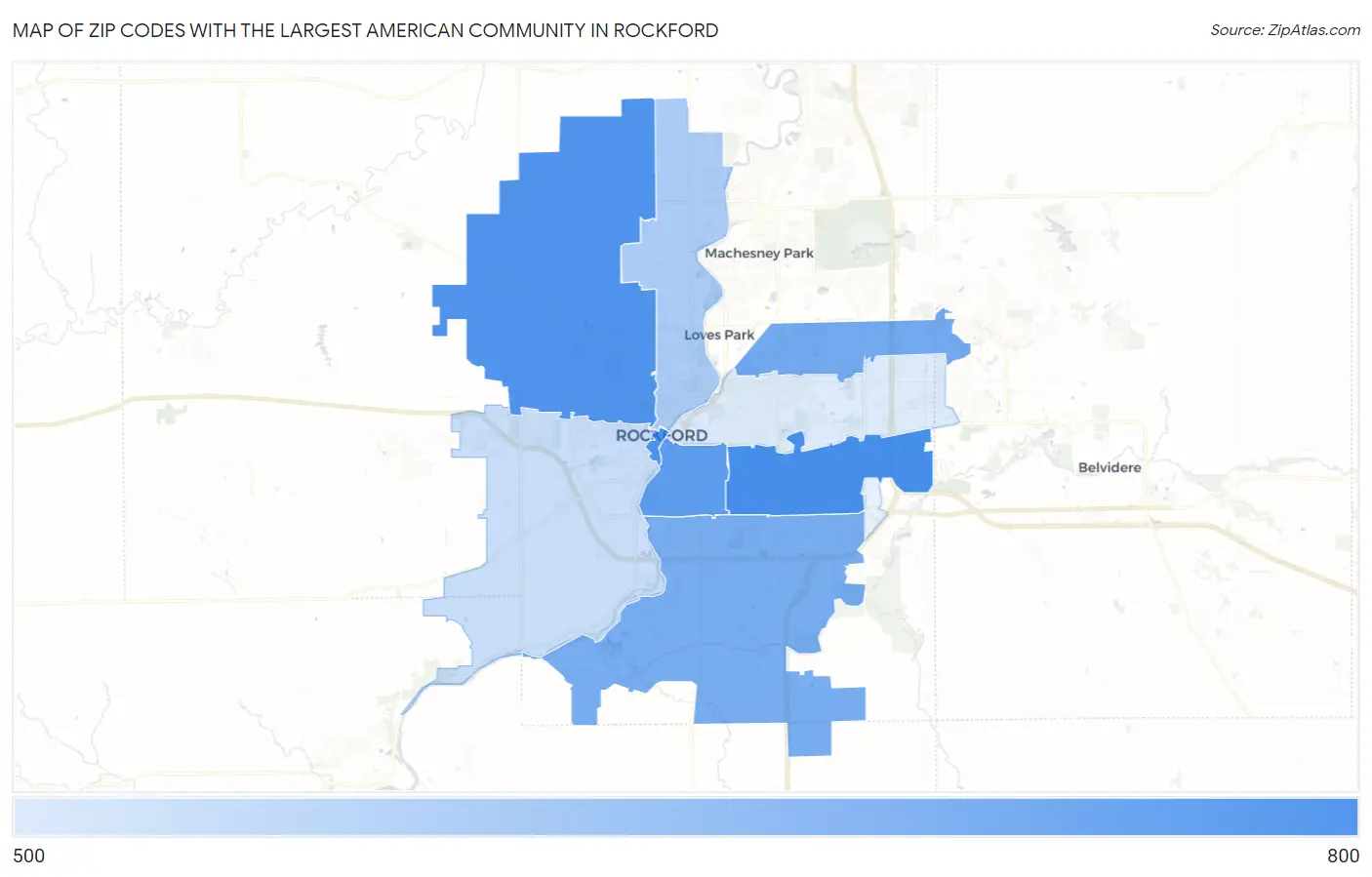 Zip Codes with the Largest American Community in Rockford Map