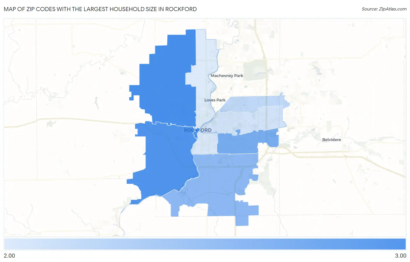 Zip Codes with the Largest Household Size in Rockford Map