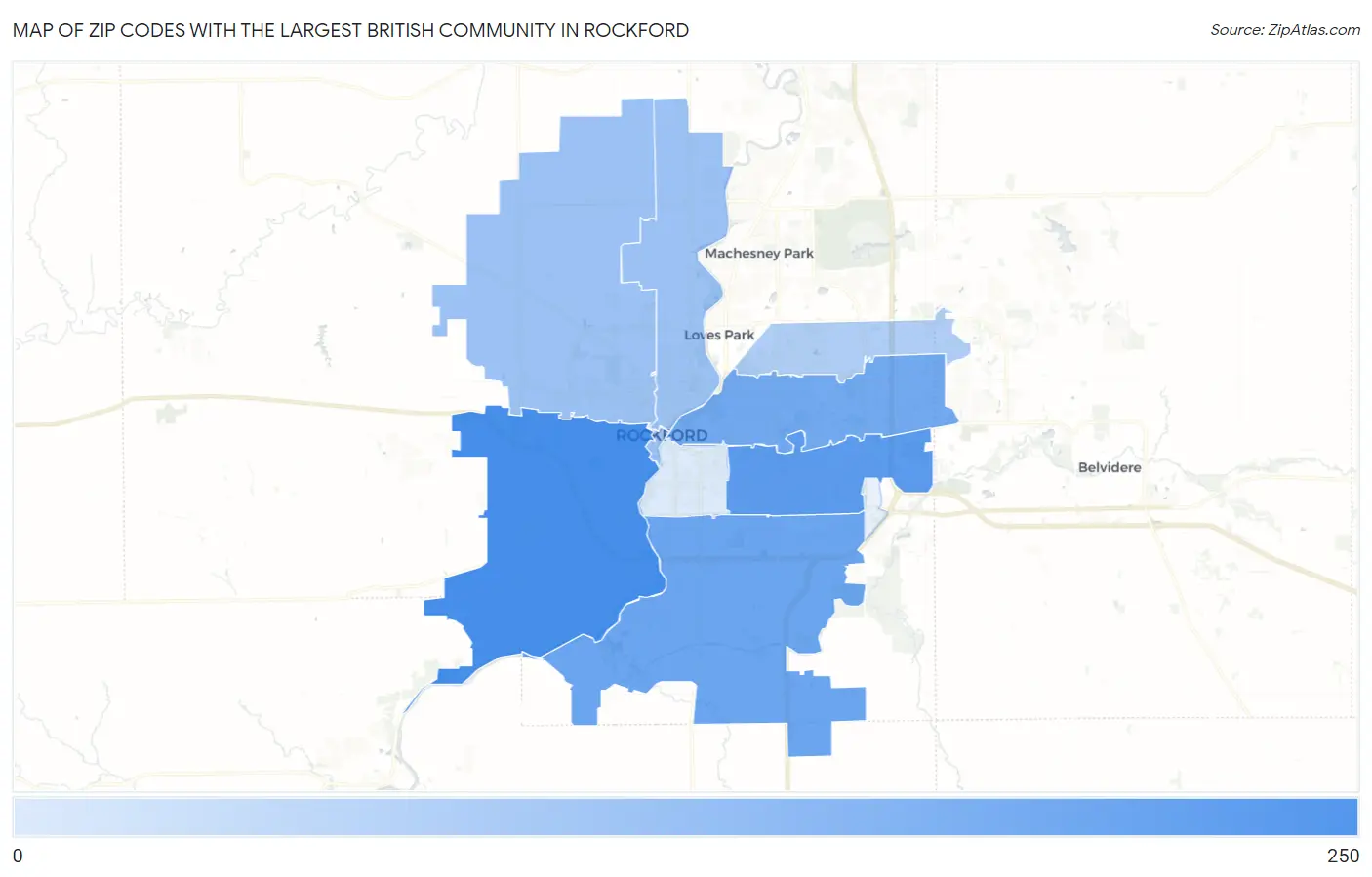 Zip Codes with the Largest British Community in Rockford Map