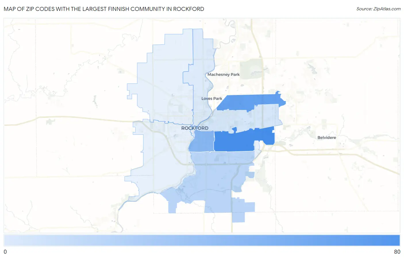 Zip Codes with the Largest Finnish Community in Rockford Map