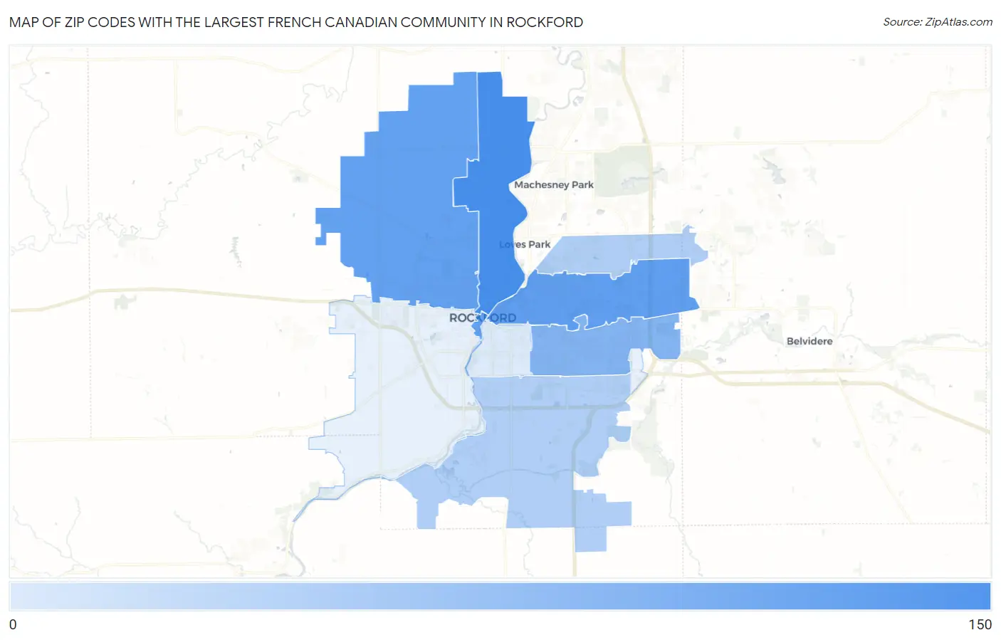Zip Codes with the Largest French Canadian Community in Rockford Map