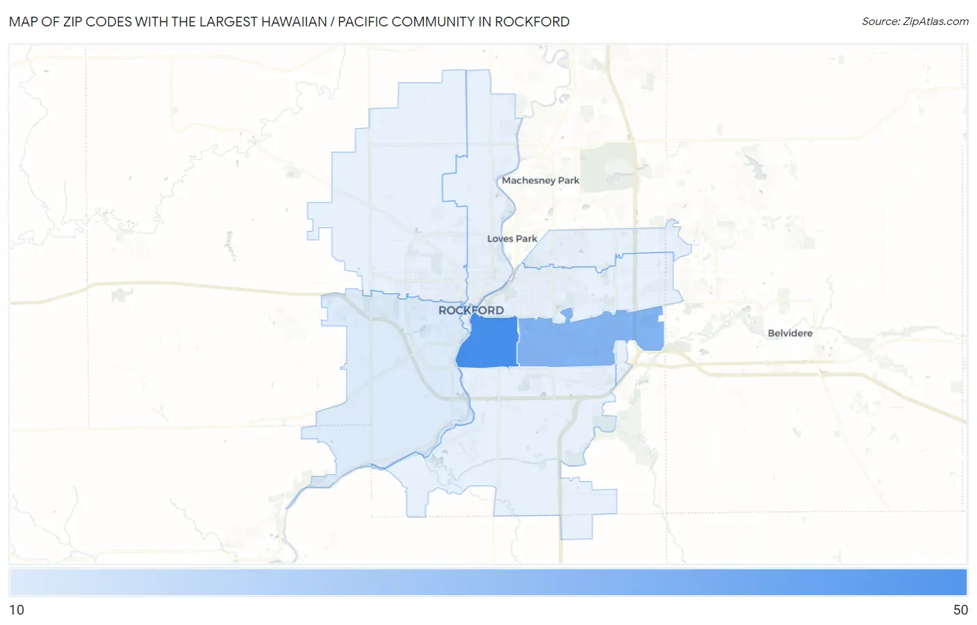 Zip Codes with the Largest Hawaiian / Pacific Community in Rockford Map