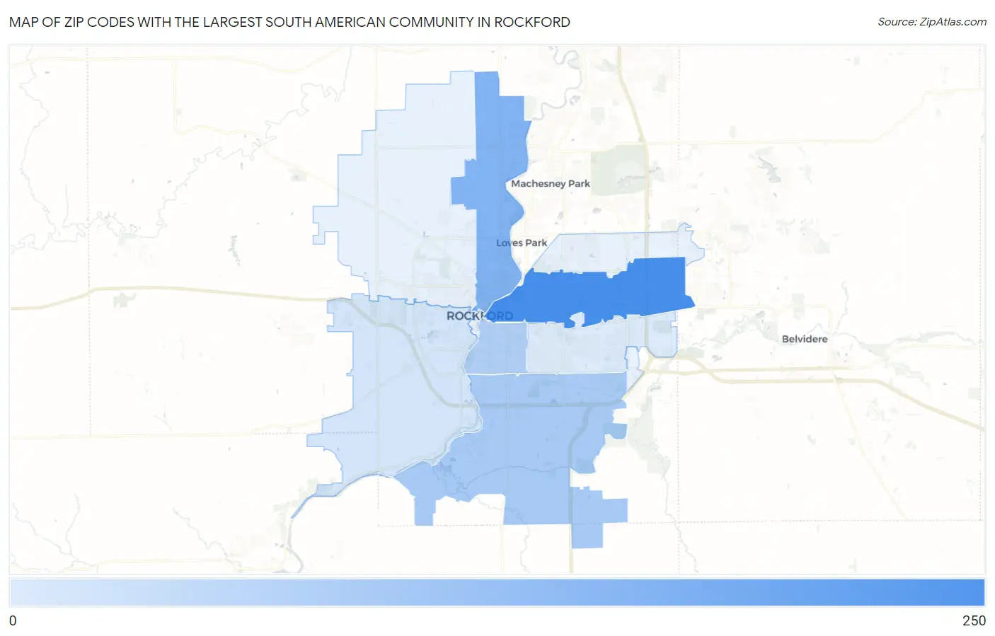 Zip Codes with the Largest South American Community in Rockford Map