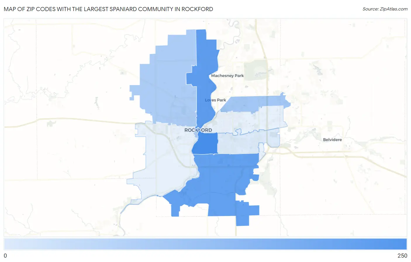 Zip Codes with the Largest Spaniard Community in Rockford Map