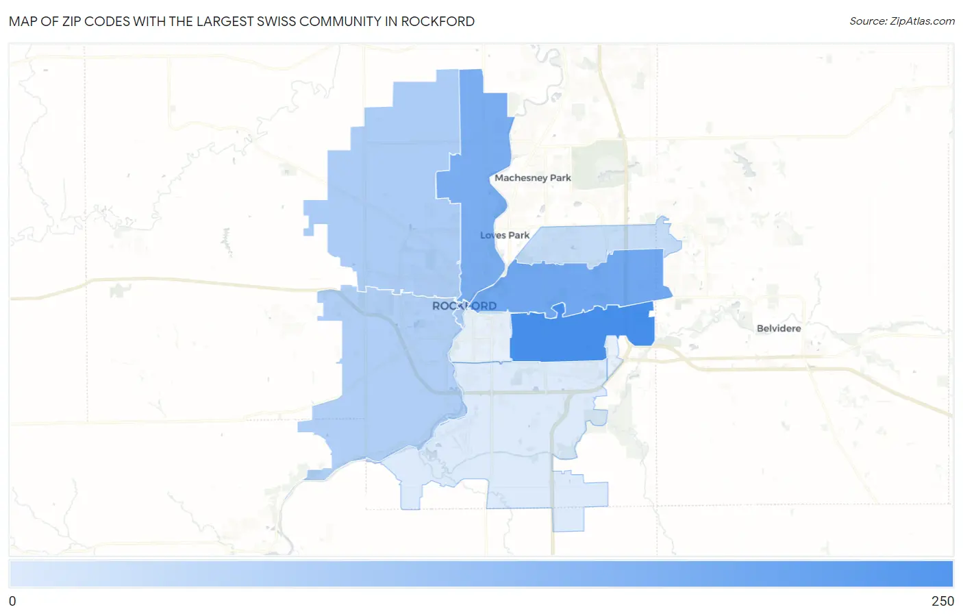 Zip Codes with the Largest Swiss Community in Rockford Map