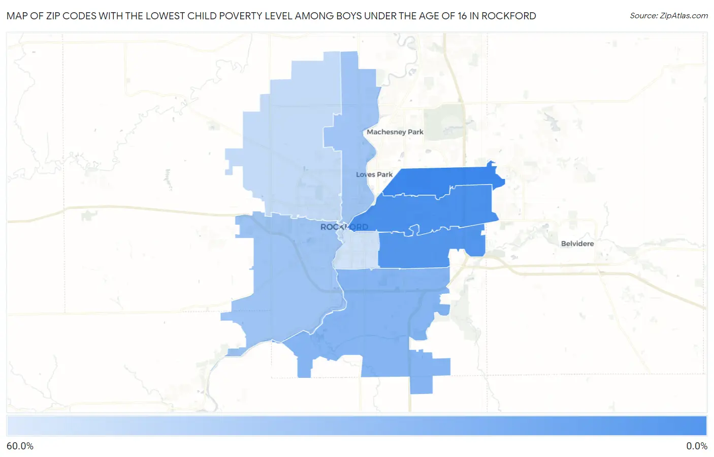 Zip Codes with the Lowest Child Poverty Level Among Boys Under the Age of 16 in Rockford Map