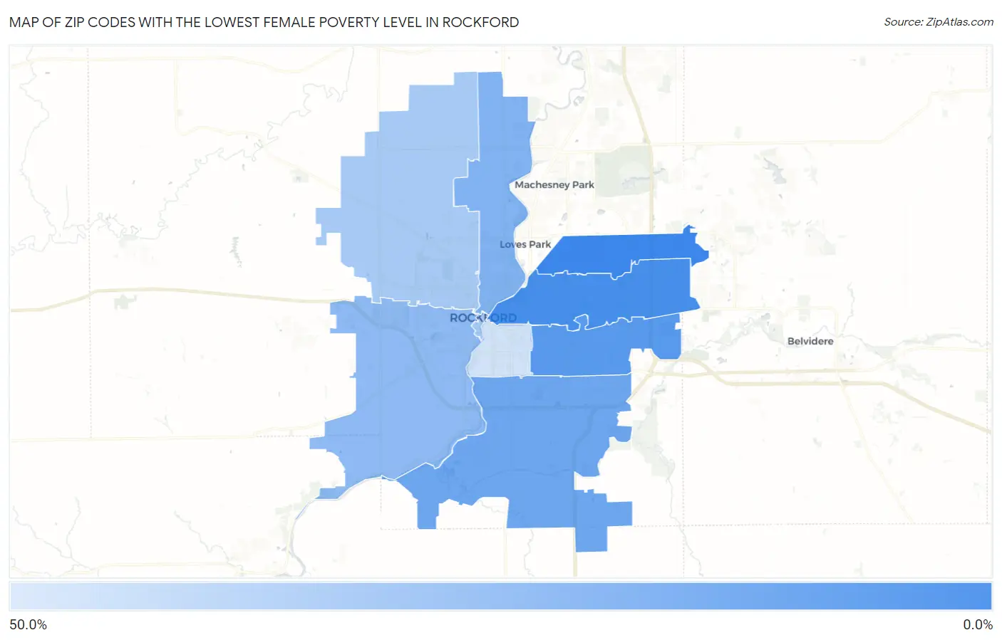 Zip Codes with the Lowest Female Poverty Level in Rockford Map