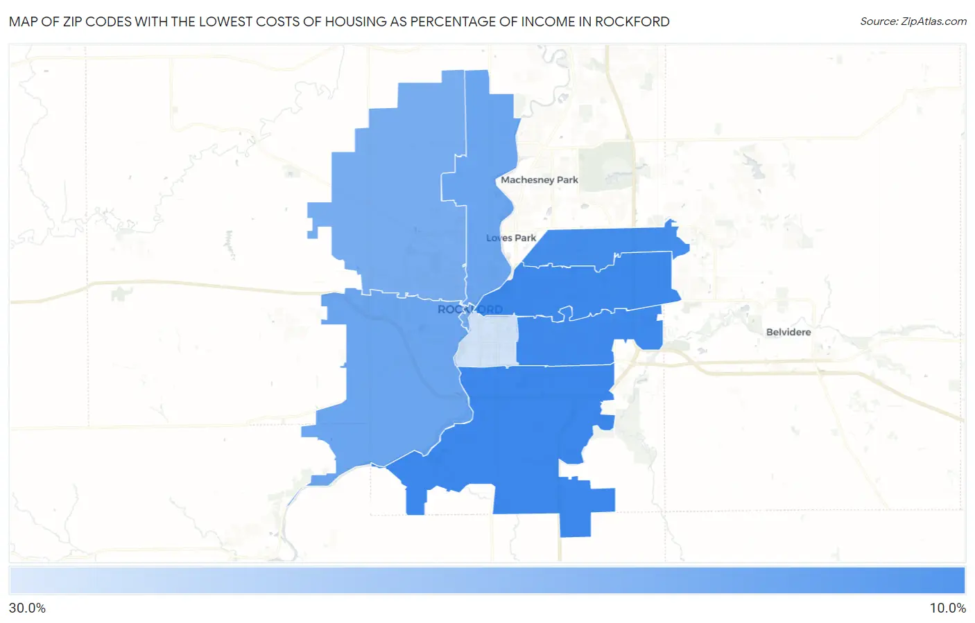 Zip Codes with the Lowest Costs of Housing as Percentage of Income in Rockford Map