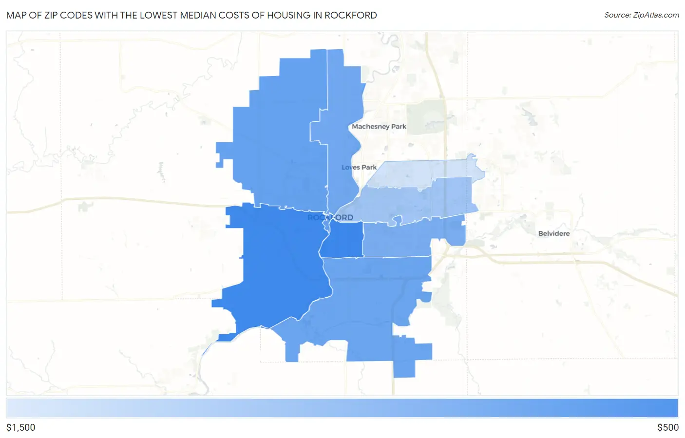 Zip Codes with the Lowest Median Costs of Housing in Rockford Map