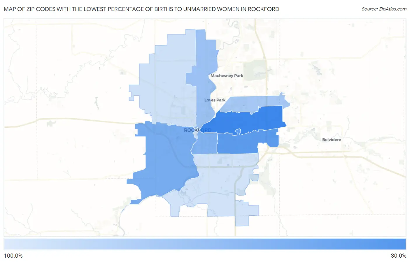 Zip Codes with the Lowest Percentage of Births to Unmarried Women in Rockford Map