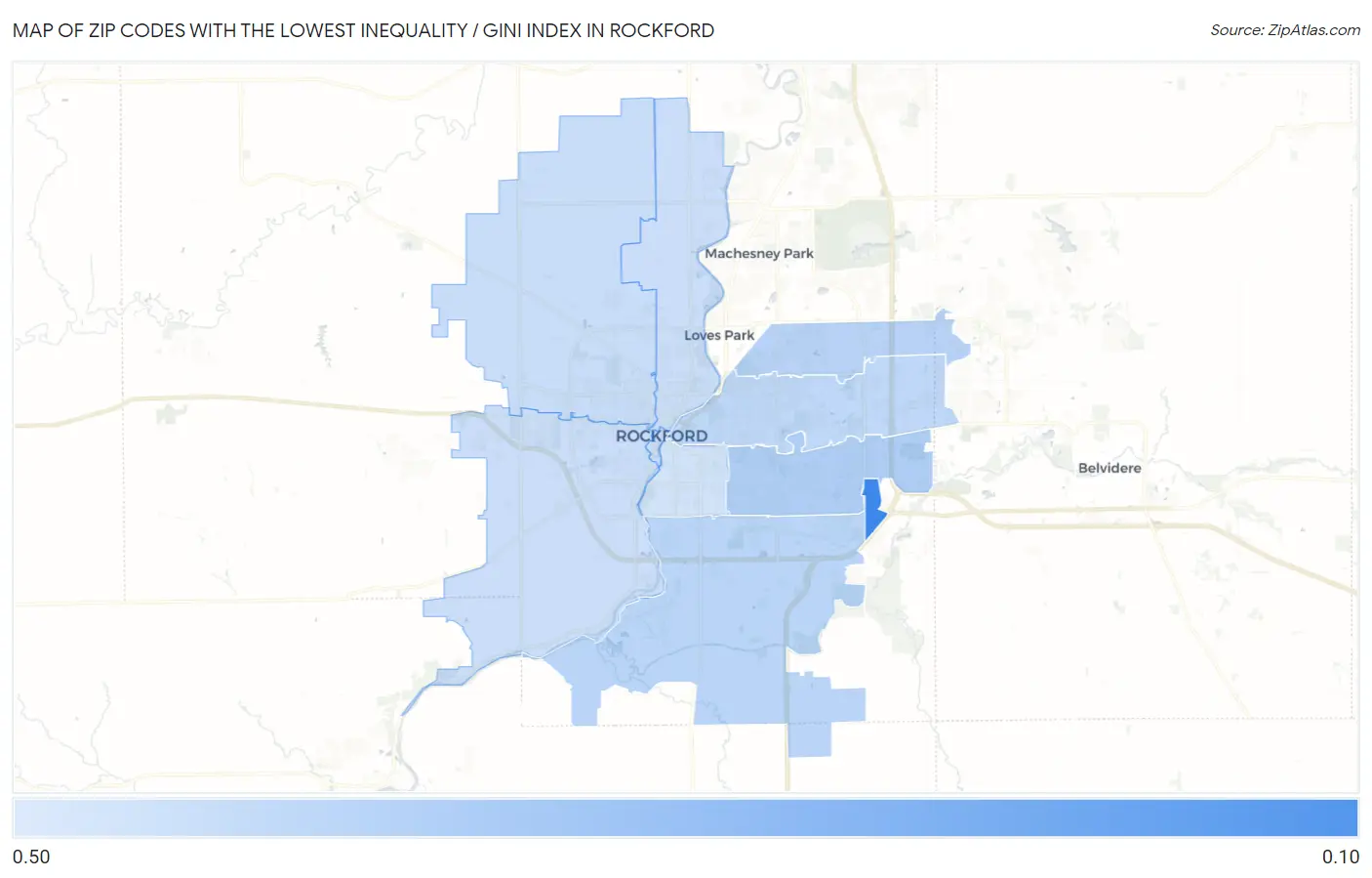 Zip Codes with the Lowest Inequality / Gini Index in Rockford Map