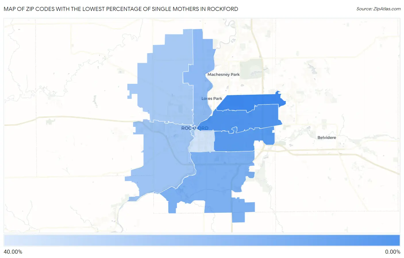 Zip Codes with the Lowest Percentage of Single Mothers in Rockford Map