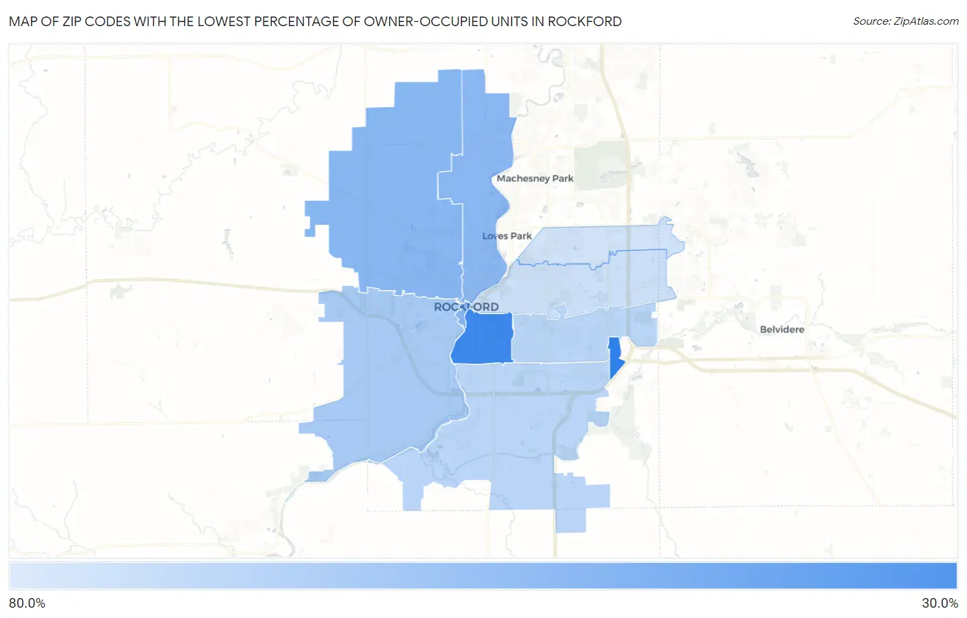 Zip Codes with the Lowest Percentage of Owner-Occupied Units in Rockford Map