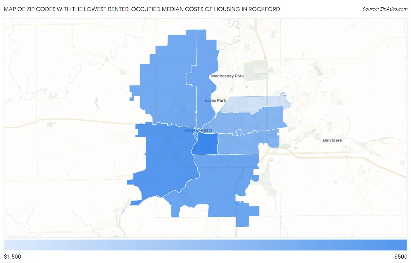 Zip Codes with the Lowest Renter-Occupied Median Costs of Housing in Rockford Map
