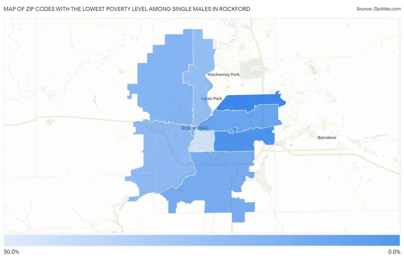Zip Codes with the Lowest Poverty Level Among Single Males in Rockford Map