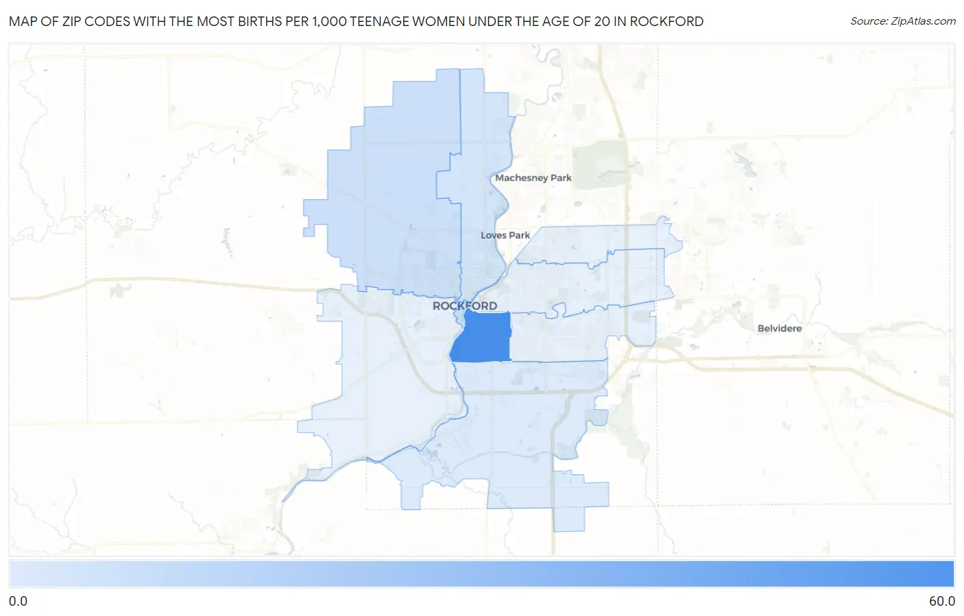 Zip Codes with the Most Births per 1,000 Teenage Women Under the Age of 20 in Rockford Map