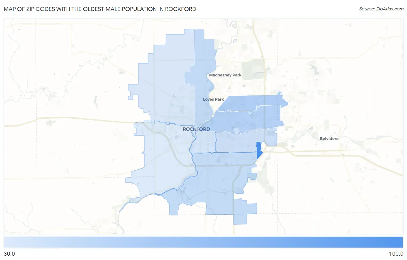 Zip Codes with the Oldest Male Population in Rockford Map