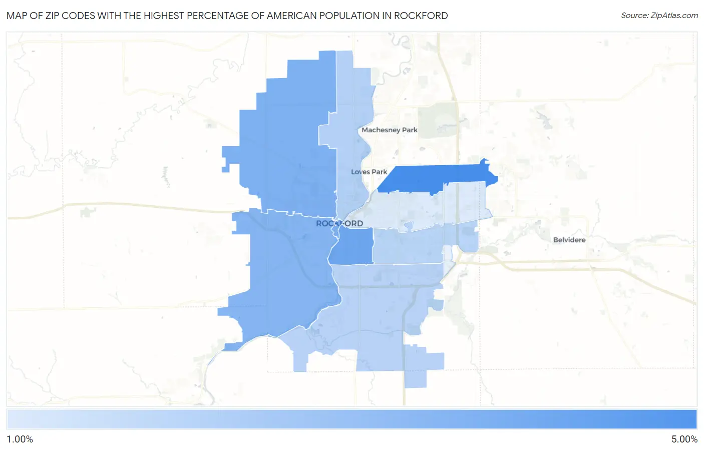 Zip Codes with the Highest Percentage of American Population in Rockford Map