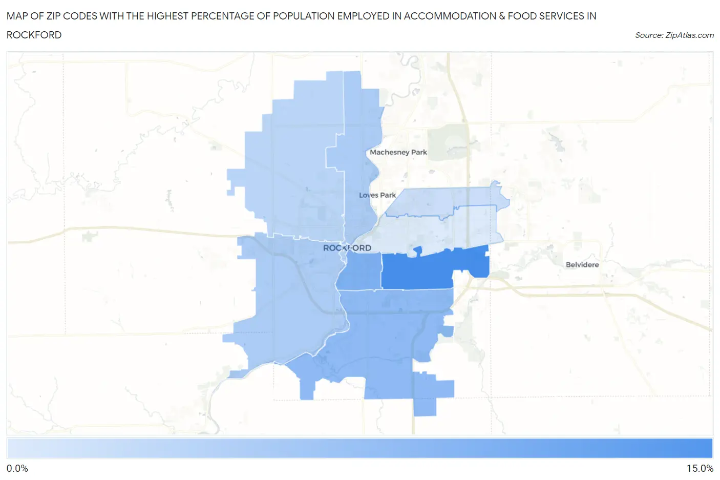 Zip Codes with the Highest Percentage of Population Employed in Accommodation & Food Services in Rockford Map