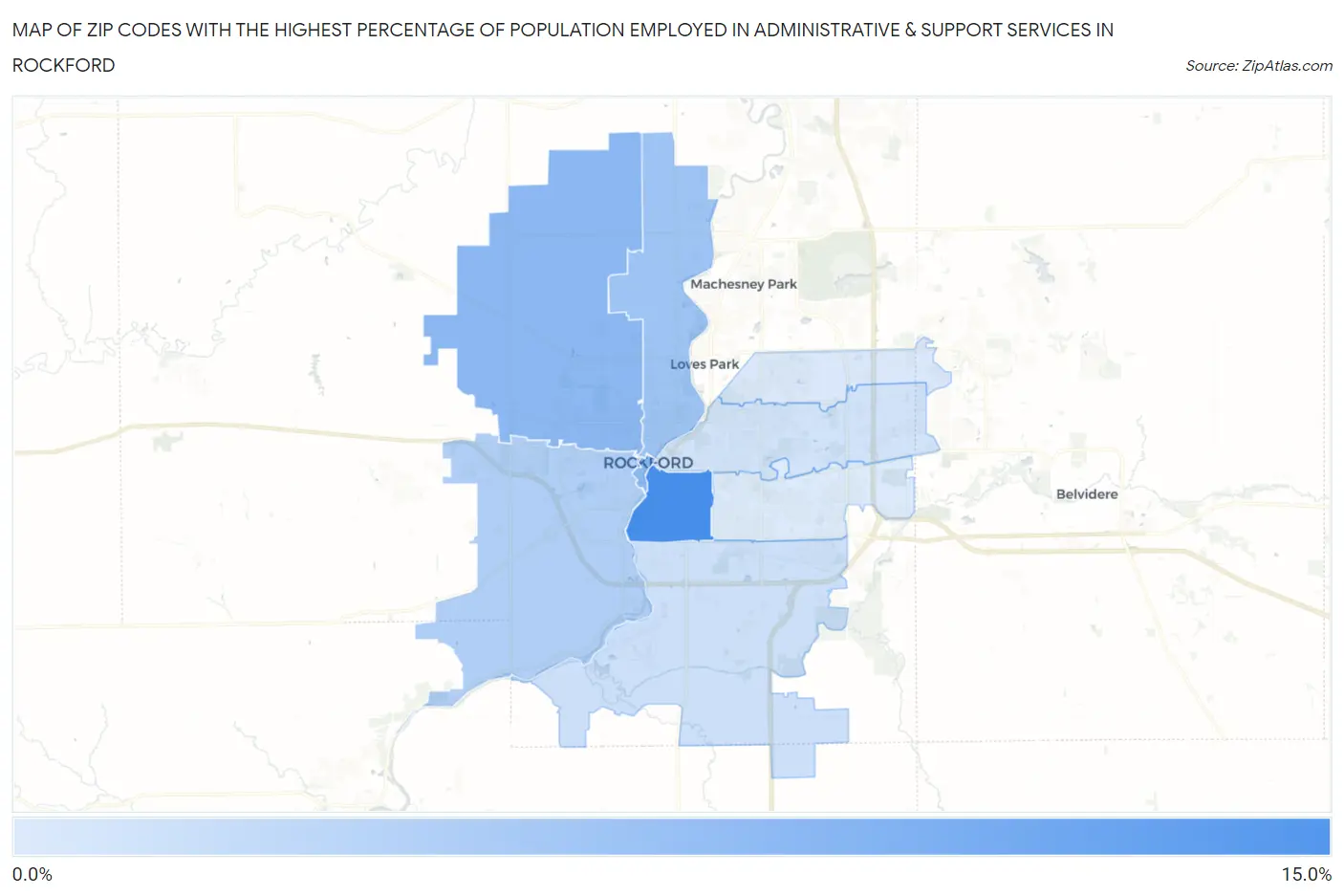 Zip Codes with the Highest Percentage of Population Employed in Administrative & Support Services in Rockford Map