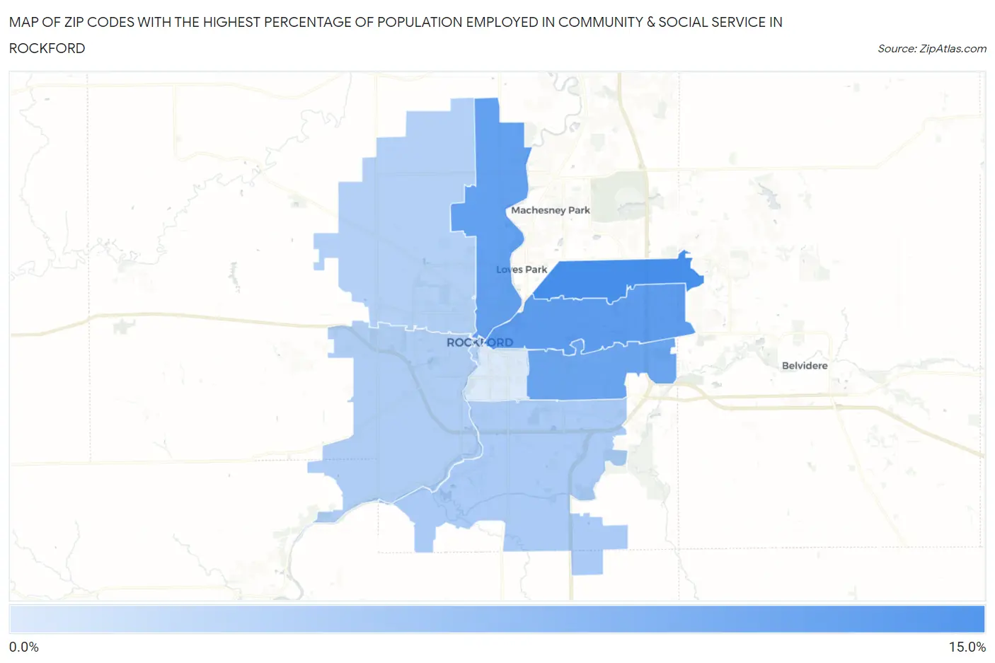 Zip Codes with the Highest Percentage of Population Employed in Community & Social Service  in Rockford Map