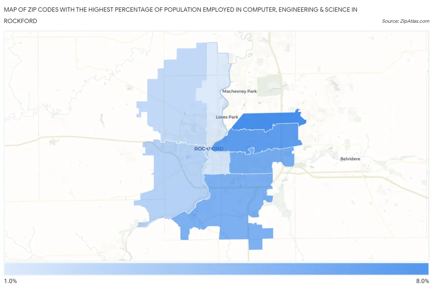 Zip Codes with the Highest Percentage of Population Employed in Computer, Engineering & Science in Rockford Map