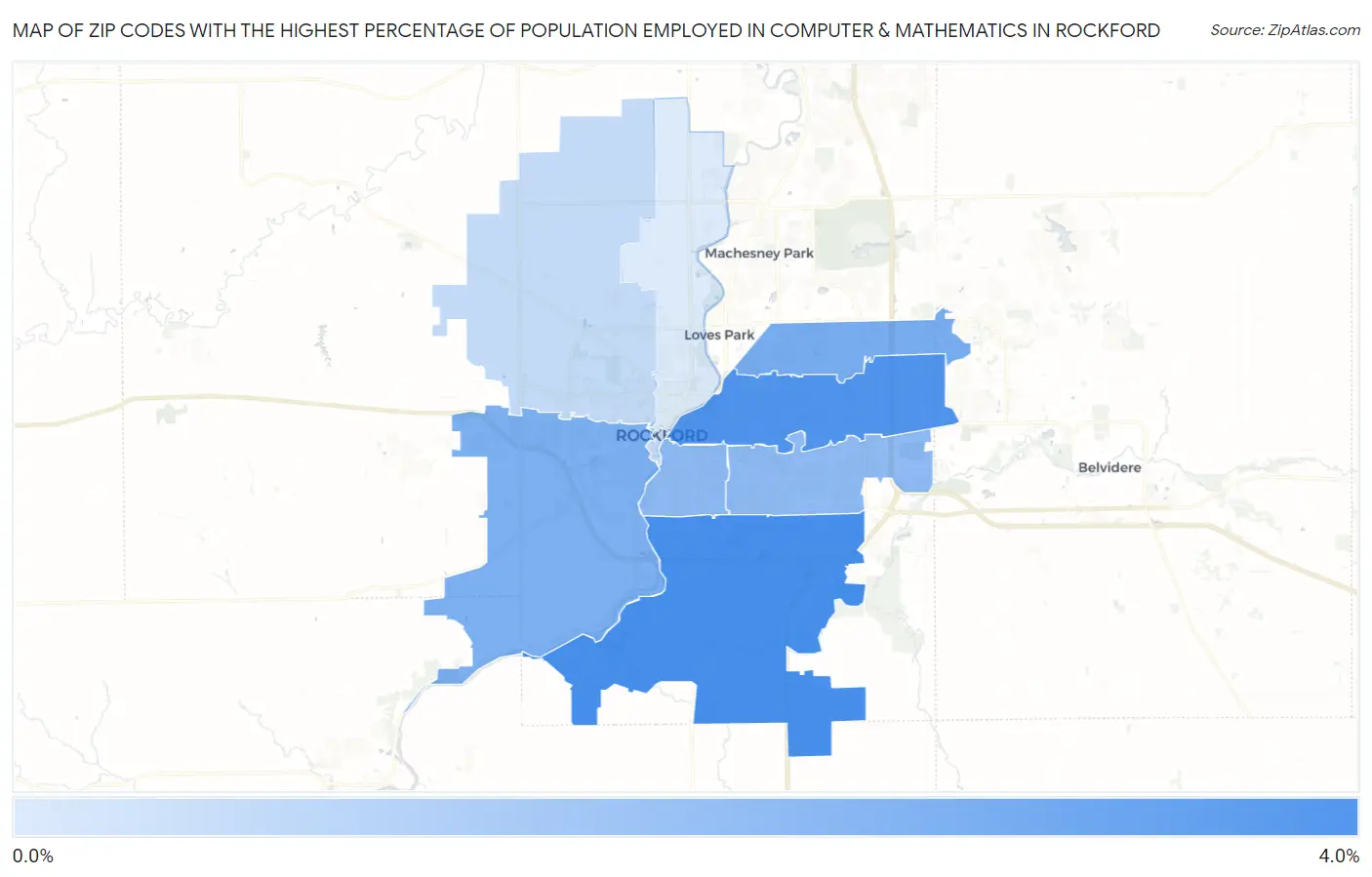 Zip Codes with the Highest Percentage of Population Employed in Computer & Mathematics in Rockford Map