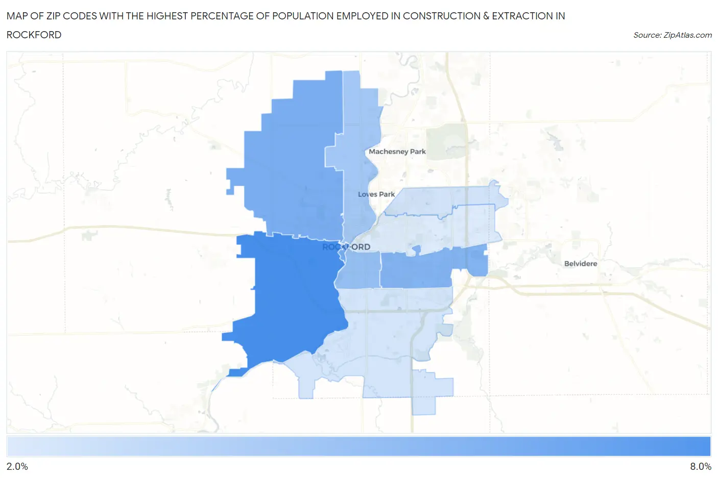 Zip Codes with the Highest Percentage of Population Employed in Construction & Extraction in Rockford Map