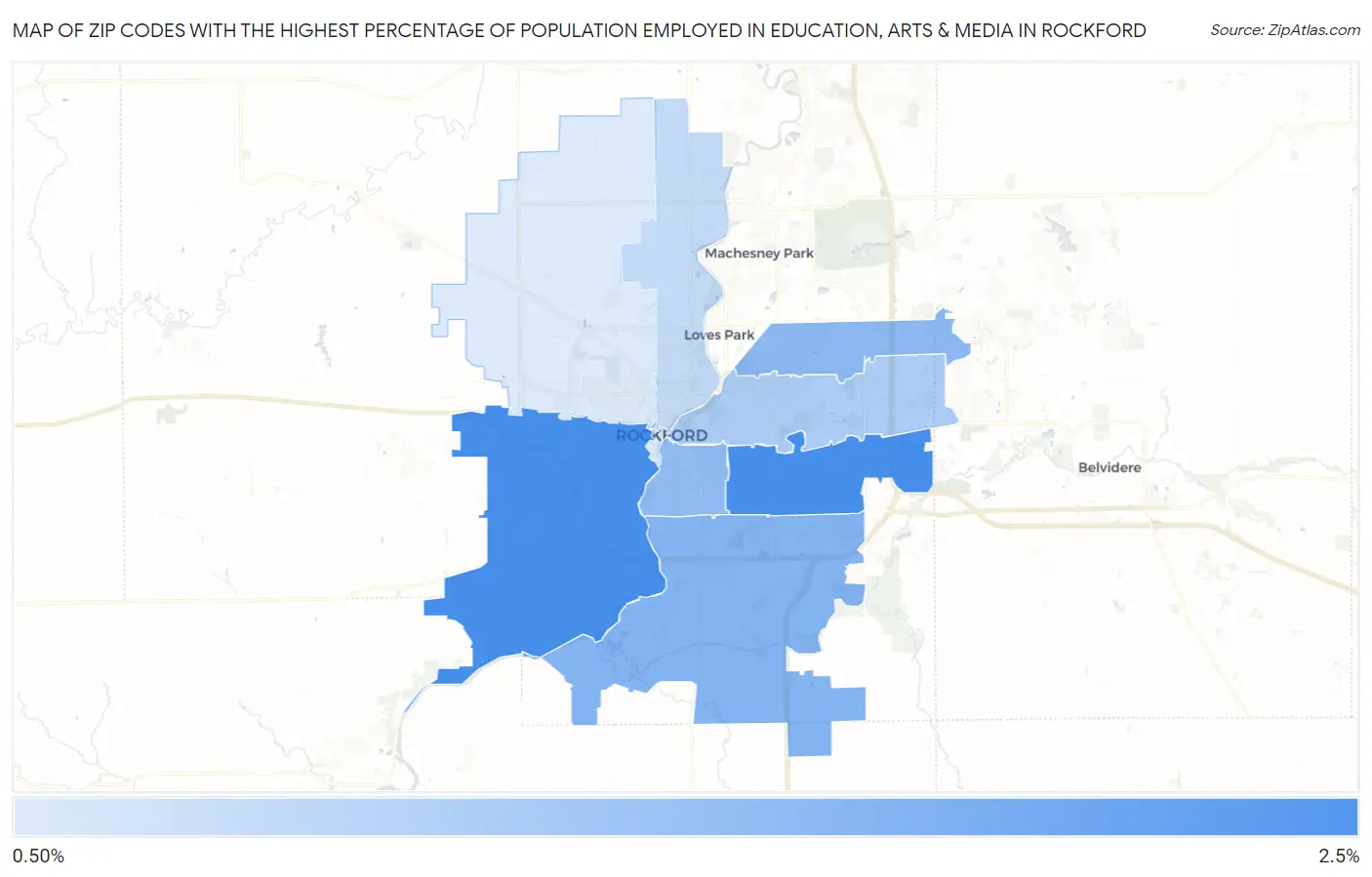 Zip Codes with the Highest Percentage of Population Employed in Education, Arts & Media in Rockford Map
