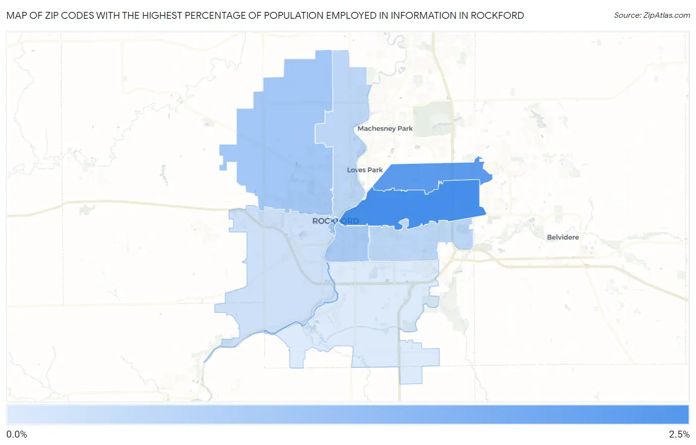 Zip Codes with the Highest Percentage of Population Employed in Information in Rockford Map