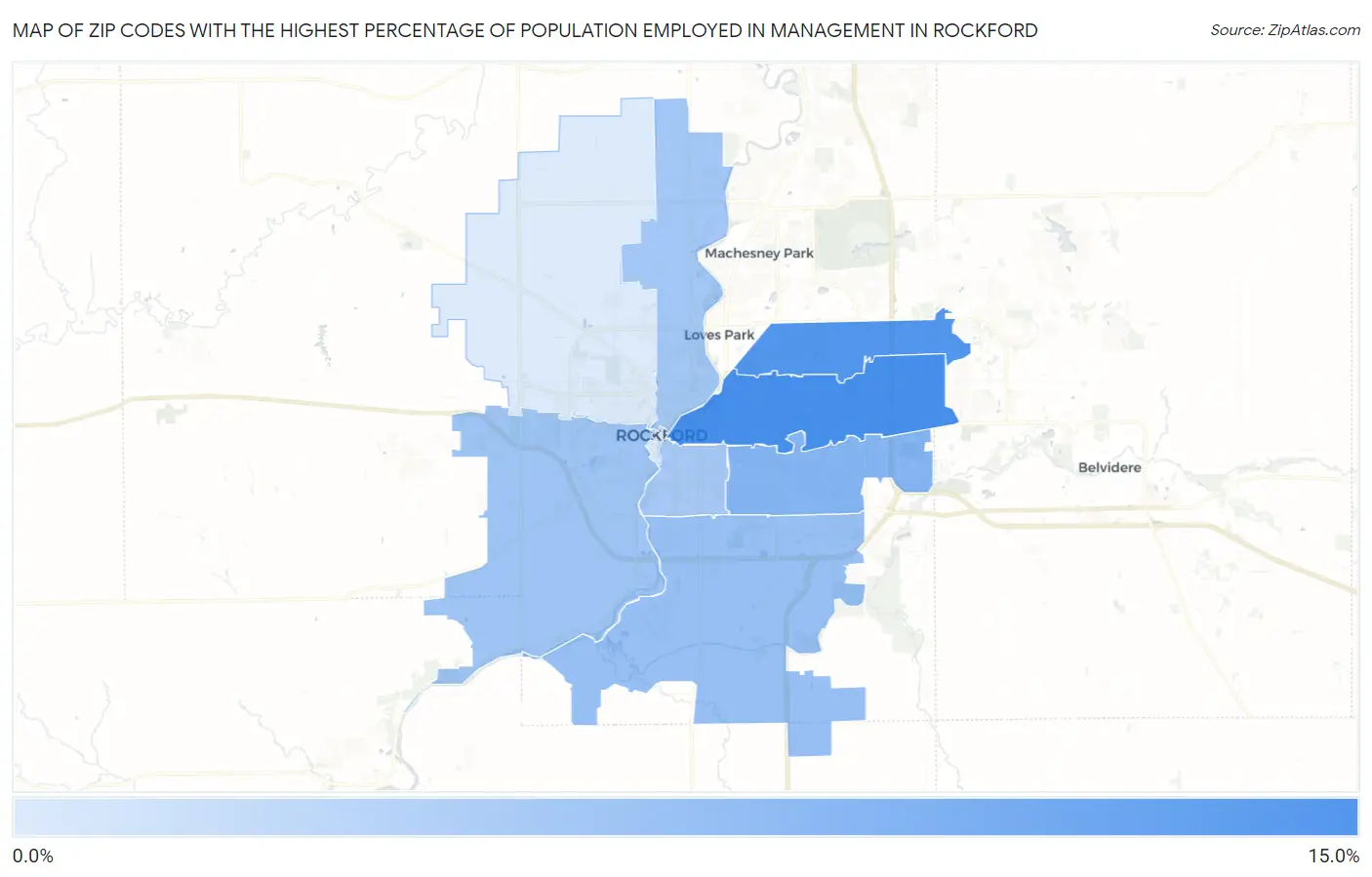 Zip Codes with the Highest Percentage of Population Employed in Management in Rockford Map