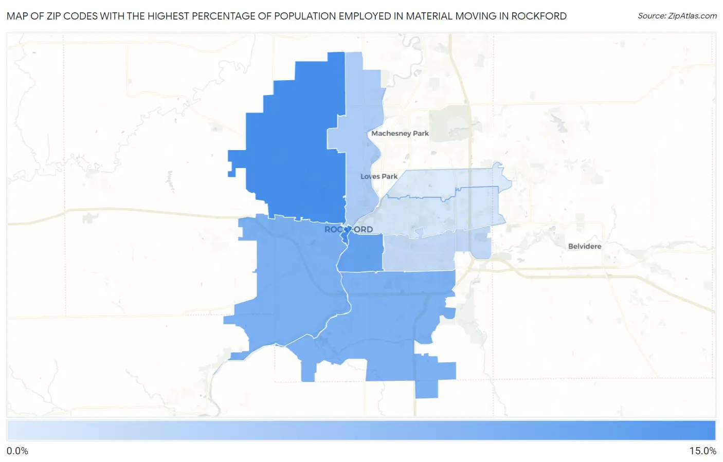 Zip Codes with the Highest Percentage of Population Employed in Material Moving in Rockford Map