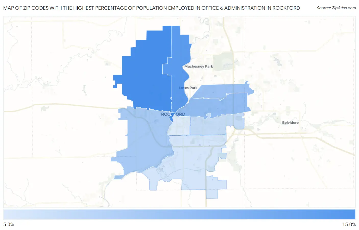 Zip Codes with the Highest Percentage of Population Employed in Office & Administration in Rockford Map